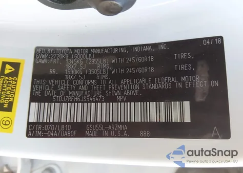 2018 Toyota Highlander Xle из США, поврежденный, VIN 5TDJZRFH6JS546473